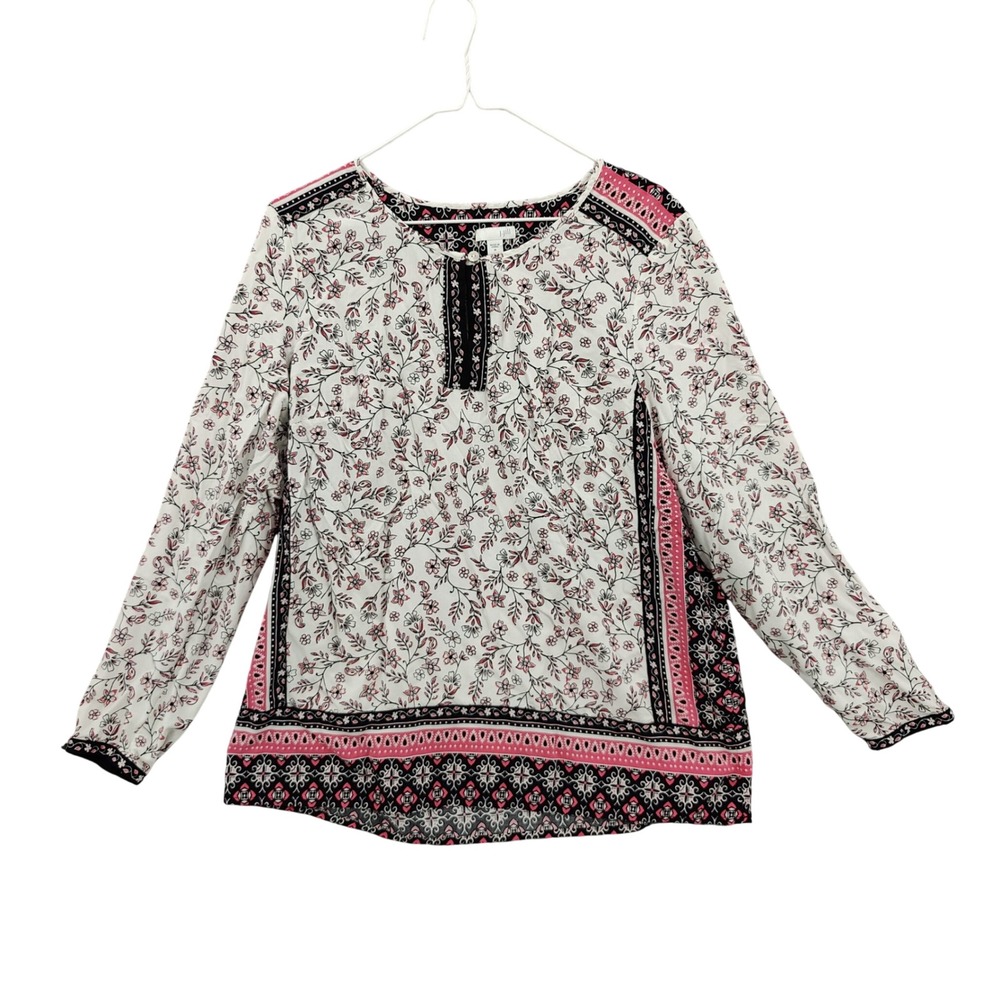 J. Jill Womens Peasant Cottagecore Romantic Floral Henly Blouse M Top White Pink
